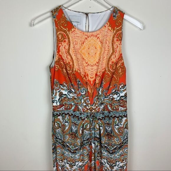 Donna Morgan Orange Print Sleeveless Boho Scarf Print Maxi Dress 6 - Picture 3 of 16